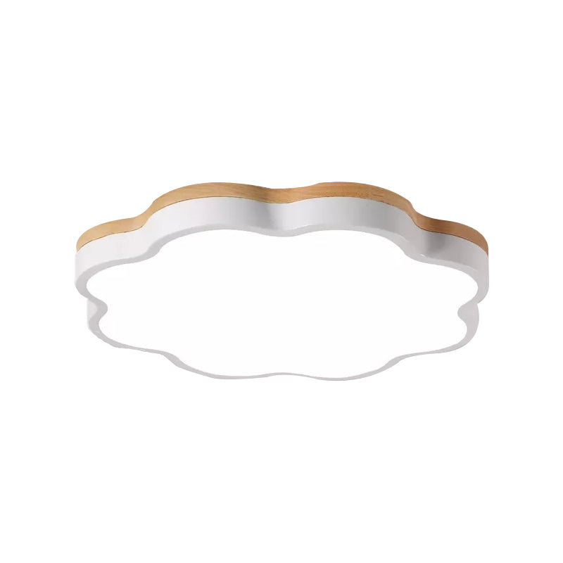 Wooden Ceiling Light With Floral Shade - Flush Mount For Kids Bedroom