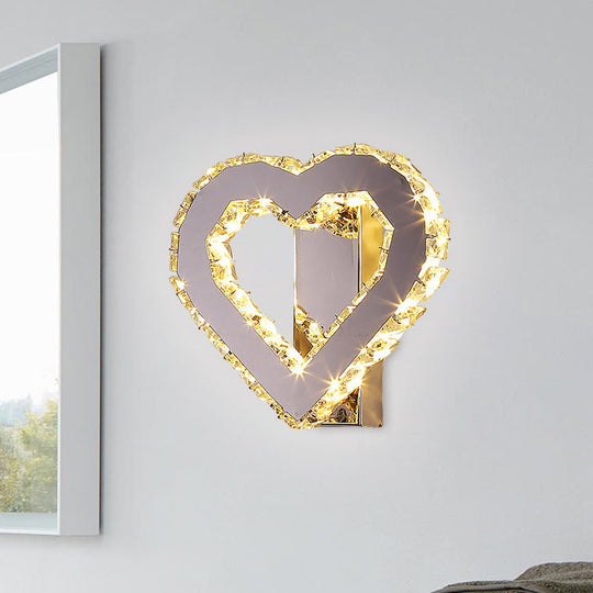 Stainless-Steel Led Bedside Wall Sconce With Faceted Crystal Heart Design