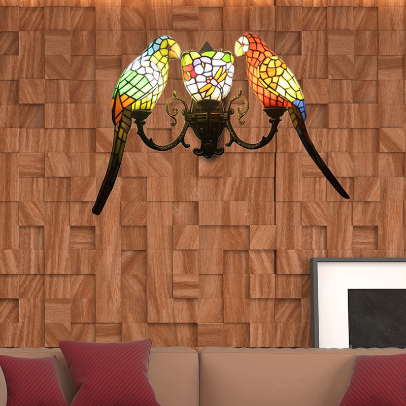 Parrot Stained Glass Wall Lighting: Rustic Lodge Style 3 Lights Indoor Living Room Décor Antique