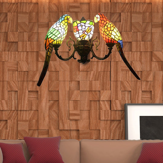 Parrot Stained Glass Wall Lighting: Rustic Lodge Style 3 Lights Indoor Living Room Décor Antique