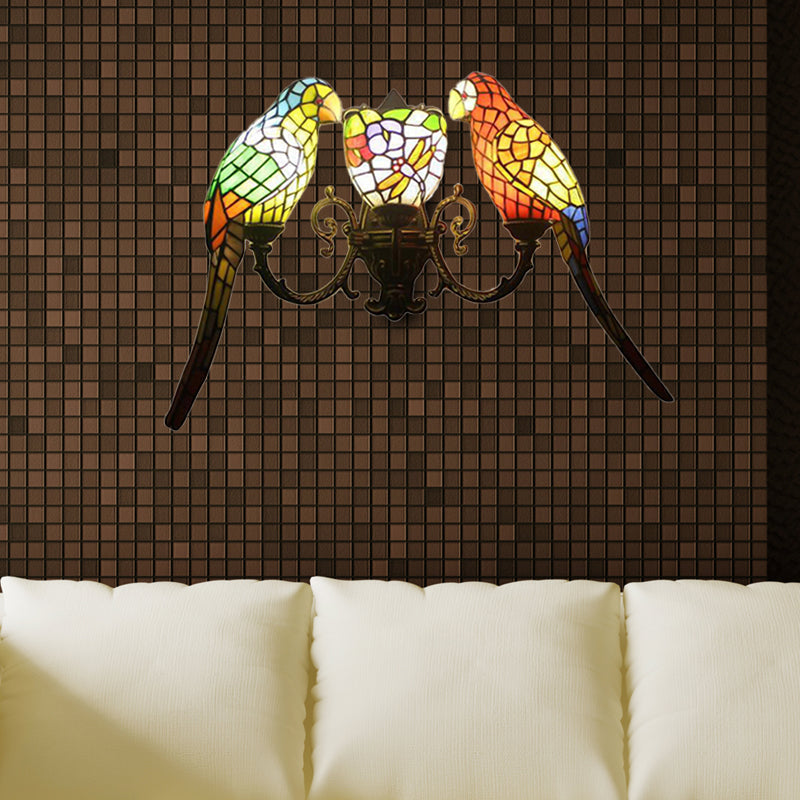 Parrot Stained Glass Wall Lighting: Rustic Lodge Style 3 Lights Indoor Living Room Décor