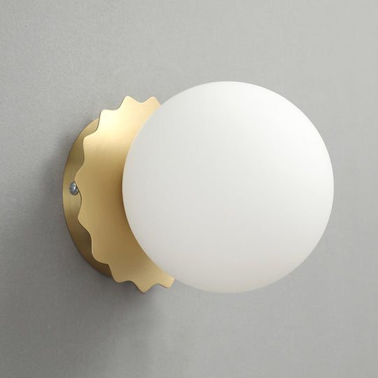 Modern White Glass Globe Wall Sconce Light - 1-Bulb Gold Lighting For Bedroom