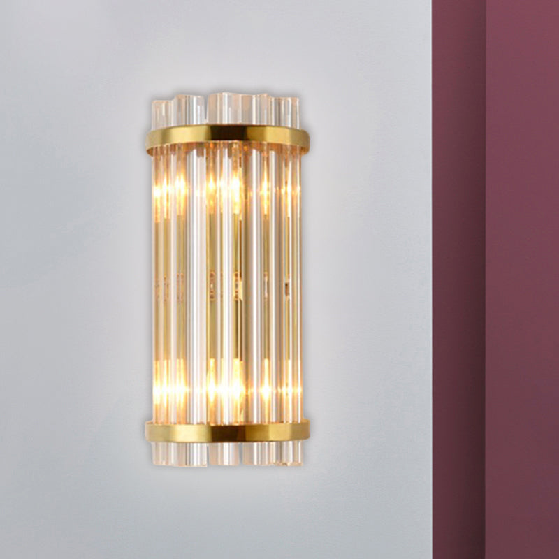 Modernist Gold Cylinder Wall Lamp With Crystal Rod Shade - 2 Lights Mount Lighting