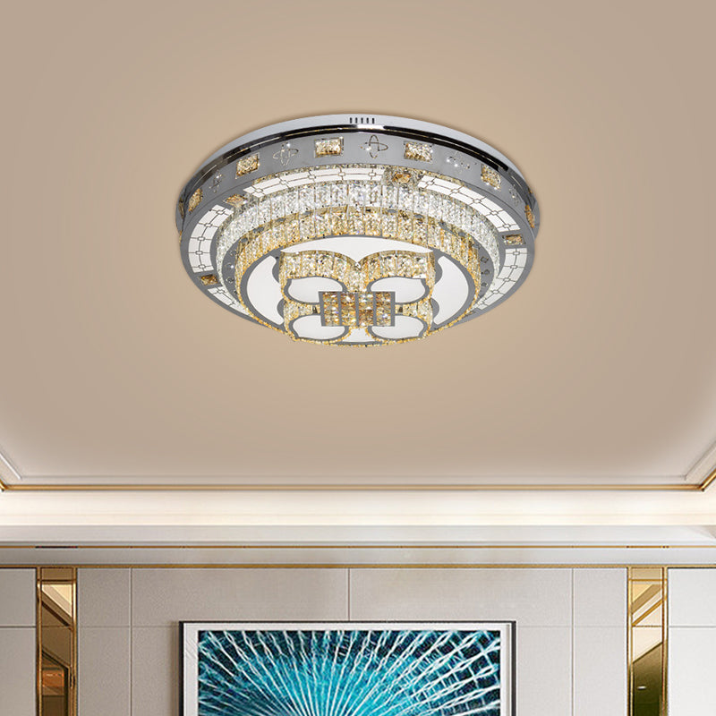 Crystal Lotus Flushmount Led Ceiling Lamp In Chrome Warm & White Light /
