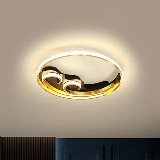 Metallic Led Nordic Flush Light Fixture - Waves Bedroom Semi Mount Lighting In Gold/Black - Gold