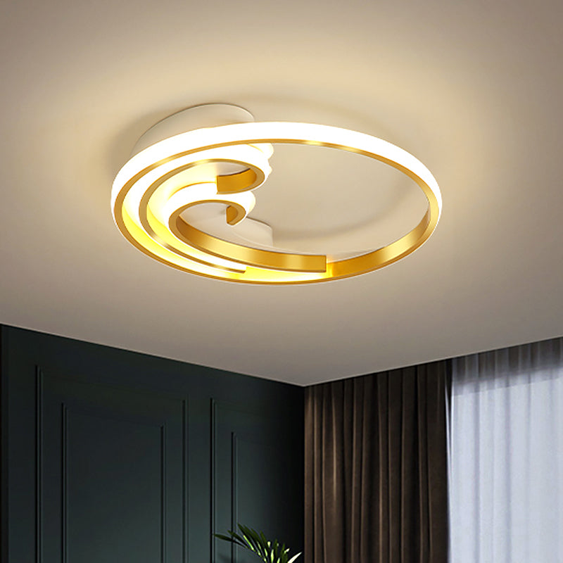 Metallic Led Nordic Flush Light Fixture - Waves Bedroom Semi Mount Lighting In Gold/Black - Gold