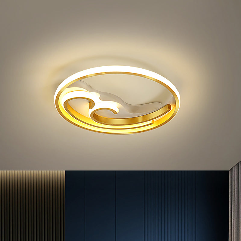 Metallic Led Nordic Flush Light Fixture - Waves Bedroom Semi Mount Lighting In Gold/Black - Gold