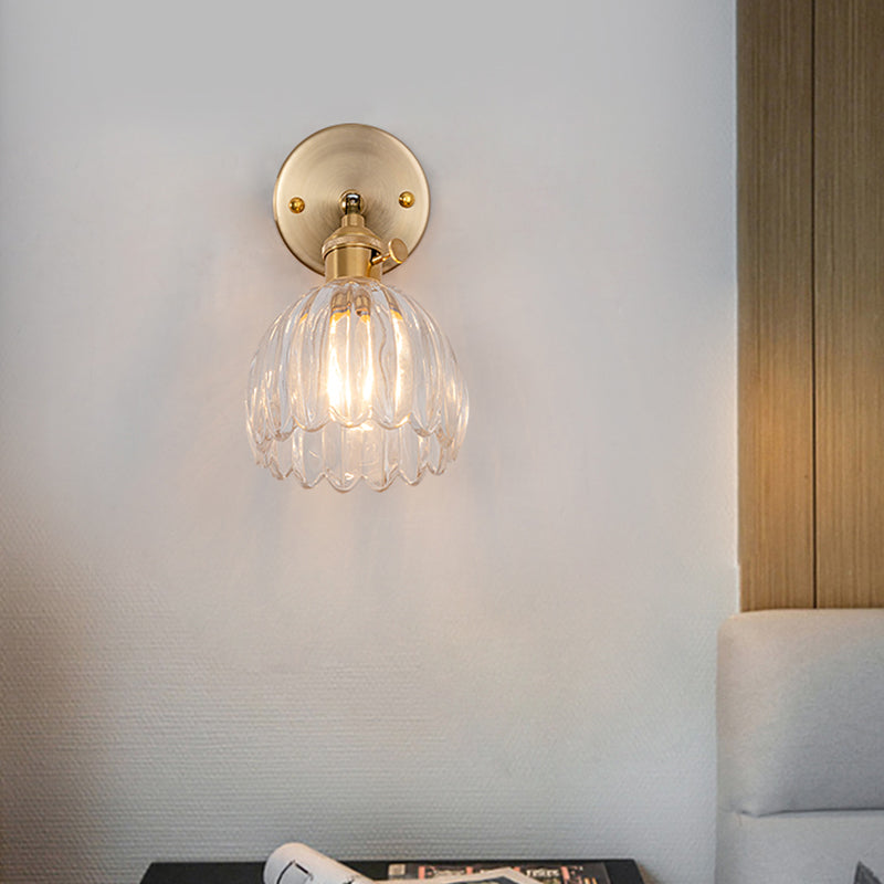 Modern Clear Glass Dome Wall Mount Lamp With Adjustable Joint - Brass Lighting Fixture (1 Bulb)
