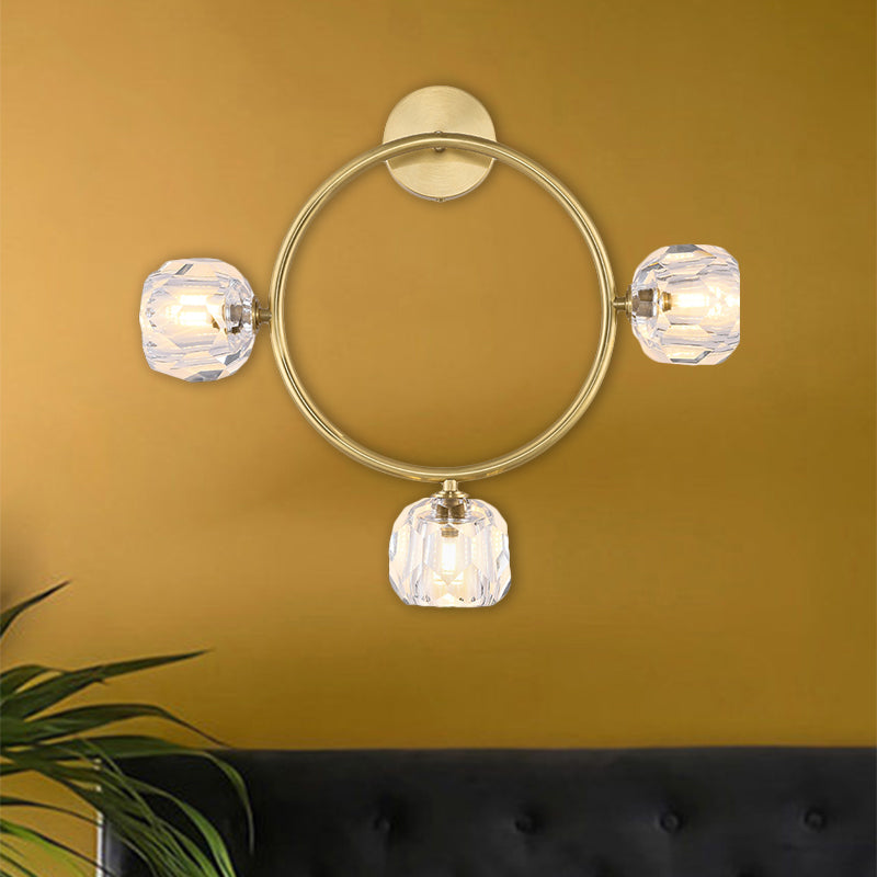 Contemporary 3-Head Brass Wall Sconce With Modo Crystal Shade - Ring/Square Light Fixture / B