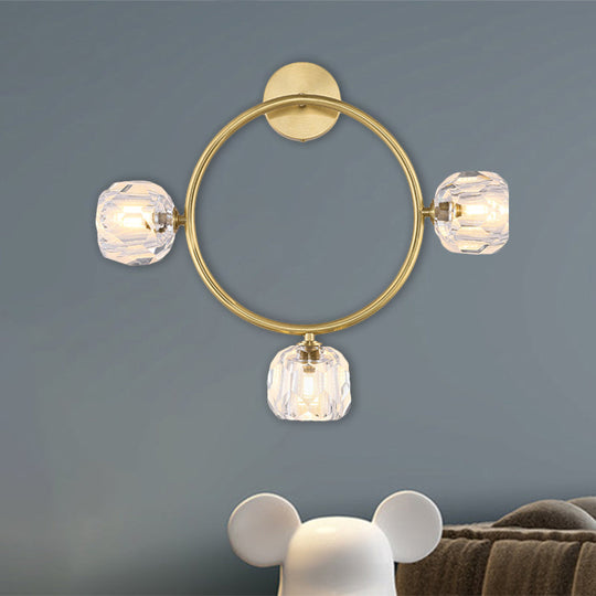 Contemporary 3-Head Brass Wall Sconce With Modo Crystal Shade - Ring/Square Light Fixture