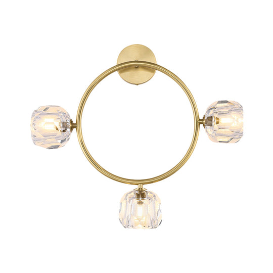 Contemporary 3-Head Brass Wall Sconce With Modo Crystal Shade - Ring/Square Light Fixture