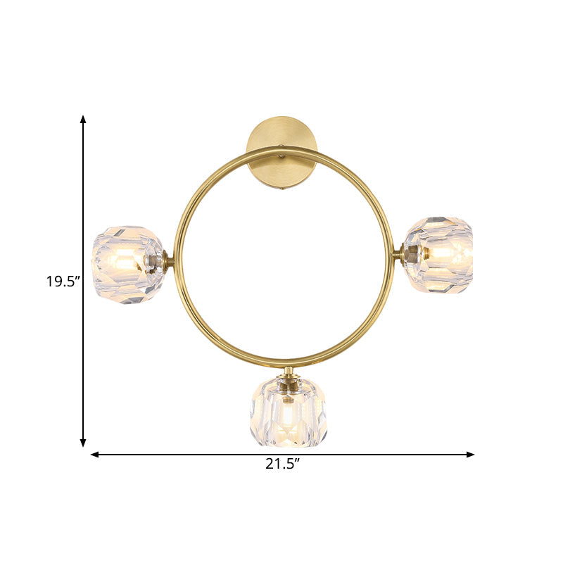 Contemporary 3-Head Brass Wall Sconce With Modo Crystal Shade - Ring/Square Light Fixture