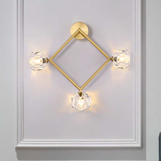 Contemporary 3-Head Brass Wall Sconce With Modo Crystal Shade - Ring/Square Light Fixture