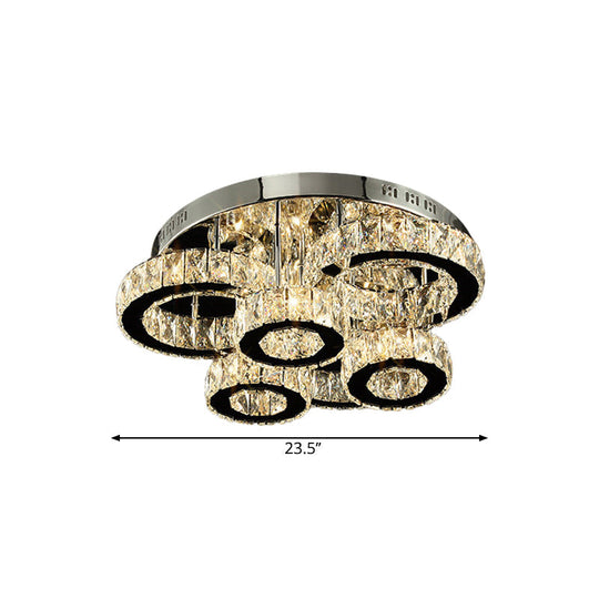 Led Chrome Circles Semi - Flush Mount Ceiling Light With Crystal Block Shade - Warm/White Lighting
