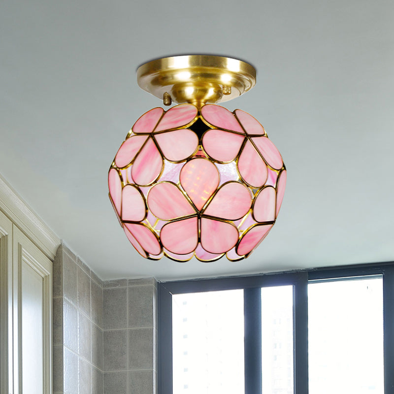 Victorian Stained Glass Flower Ceiling Light In White/Pink/Orange Semi - Mount