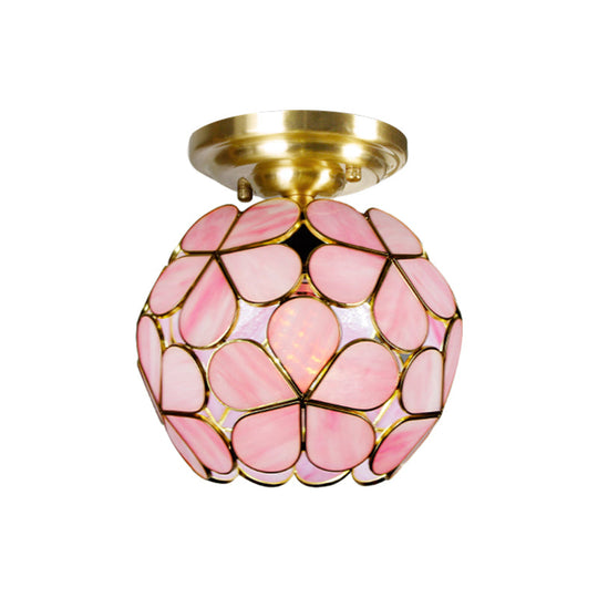 Victorian Stained Glass Flower Ceiling Light In White/Pink/Orange Semi - Mount
