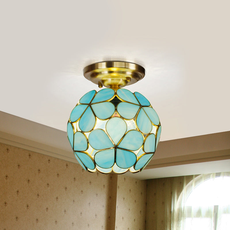 Victorian Stained Glass Flower Ceiling Light In White/Pink/Orange Semi - Mount