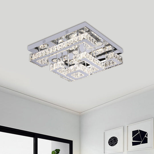 Led Guest Room Ceiling Lamp - Minimalist Chrome Semi Flush With Tiered Square Crystal Shade /