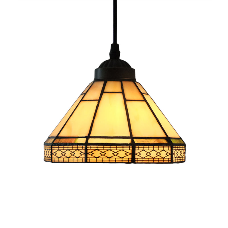 Mission Cut Glass Cone Hanging Light Fixture - Antique Brass Suspension Pendant (8’/12’/16’