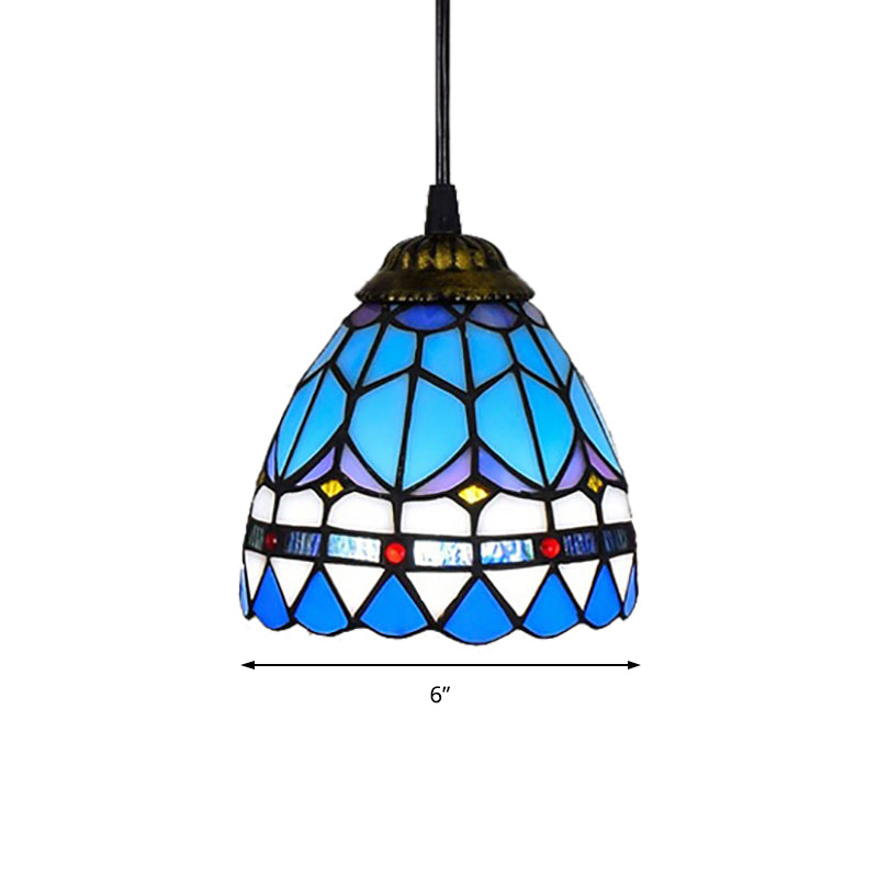 Dining Table Hanging Lights - Floral Shade Pendant Ceiling Lamp In Blue With Tiffany Style Art Glass