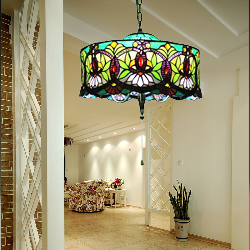 Victorian-Style Stained Glass Drum Pendant Light For Living Room - 18’ W Aqua / With Pull Chain