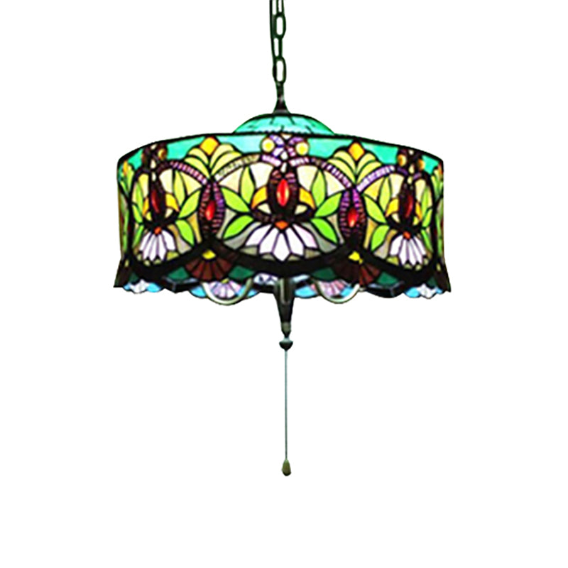 Victorian-Style Stained Glass Drum Pendant Light For Living Room - 18’ W