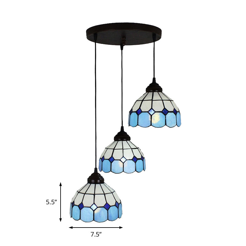 Mediterranean Cut Glass 3-Light Blue Multi Pendant Bowl Hanging Light Fixture - Perfect For Bedrooms
