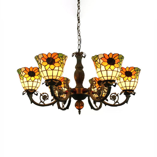 Sunflower 6-Light Tiffany Style Stained Glass Chandelier - Ideal For Living Room