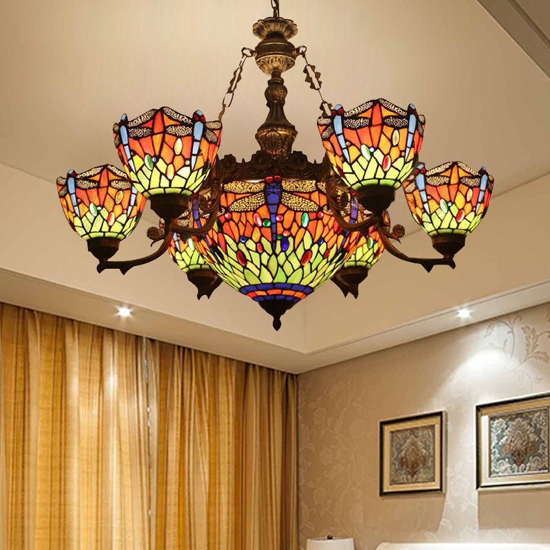 Dragonfly Tiffany Style Chandelier With Stained Glass Shade For Living Room 7 / Orange