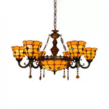Chandelier Over Dining Table: Aged Brass Jewel Fixture With Tiffany Style Dome And Bell Shade
