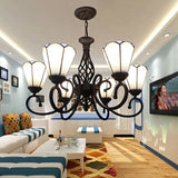 White Floral Chandelier Living Room Lamps 6-Light Ceiling Fixture With Adjustable Chain And Art