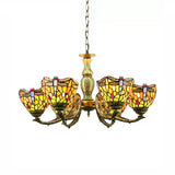 Dragonfly Tiffany-Style Stained Glass Chandelier Antique Brass Finish 6 Lights Adjustable Chain