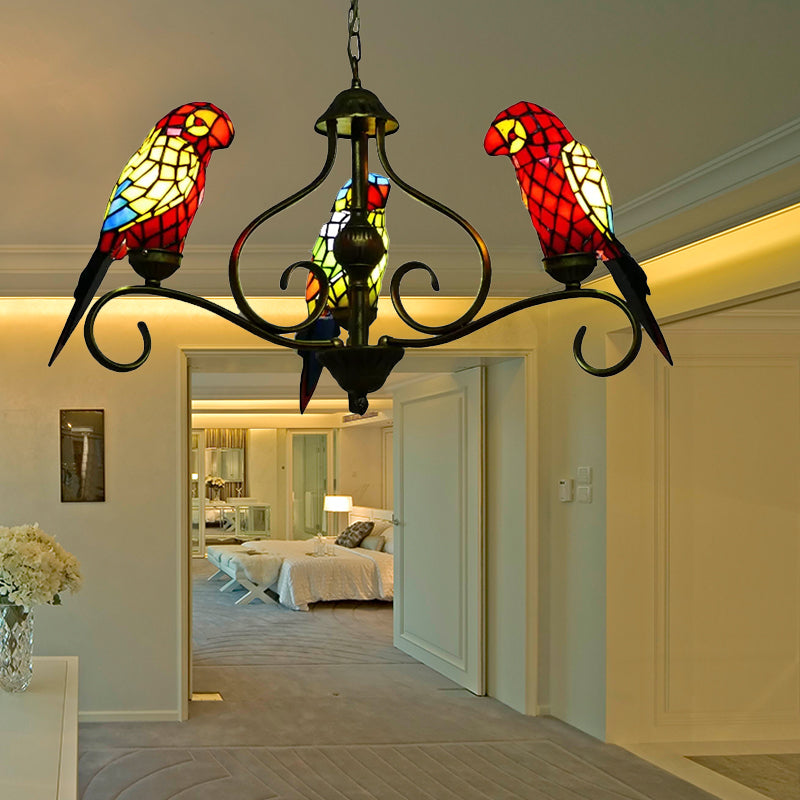Tiffany-Style Parrot Stained Glass Chandelier In Antique Brass - Ideal For Dining Rooms 3 /