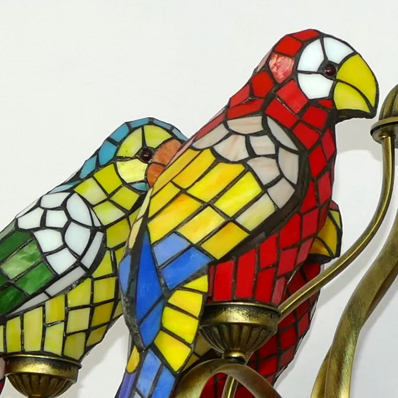 Tiffany-Style Parrot Stained Glass Chandelier In Antique Brass - Ideal For Dining Rooms