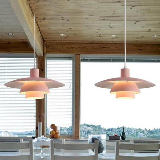 Nordic Metal 1-Head Ceiling Pendant Lamp – Modern Tiered Design With Flared Shade In Pink/White