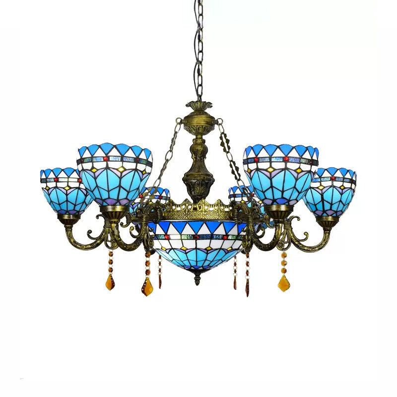 Tiffany Style Blue Chandelier With Amber Crystal And Jewel Accents For Dining Room Ceiling