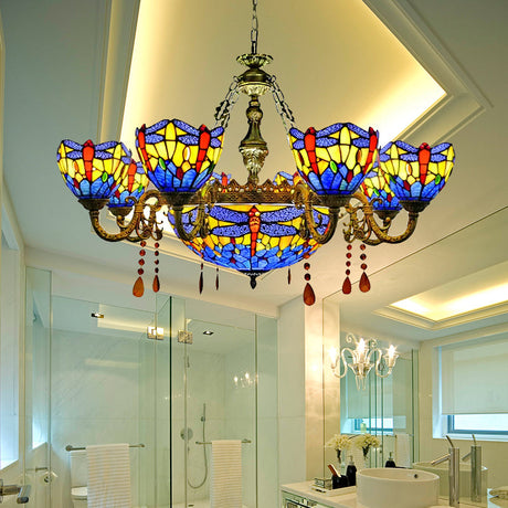 Dragonfly Chandelier With Stained Glass Shade And Crystal Decor For Living Room Ceiling