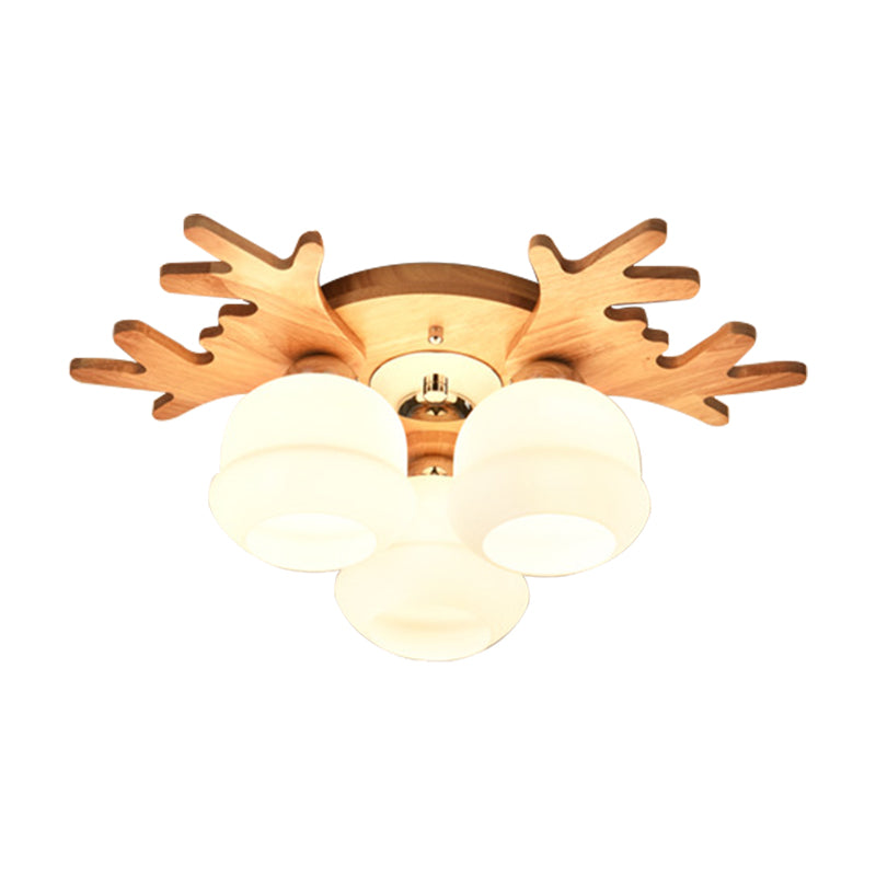 White Bud Shade Ceiling Mount Light With Beige Antlers - Kid Bedroom’s Lovely Wooden Lamp