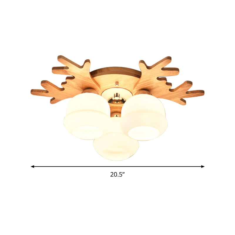 White Bud Shade Ceiling Mount Light With Beige Antlers - Kid Bedroom’s Lovely Wooden Lamp