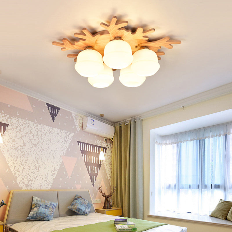 White Bud Shade Ceiling Mount Light With Beige Antlers - Kid Bedroom’s Lovely Wooden Lamp