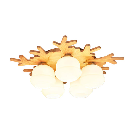 White Bud Shade Ceiling Mount Light With Beige Antlers - Kid Bedroom’s Lovely Wooden Lamp