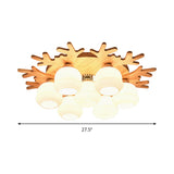 White Bud Shade Ceiling Mount Light With Beige Antlers - Kid Bedrooms Lovely Wooden Lamp
