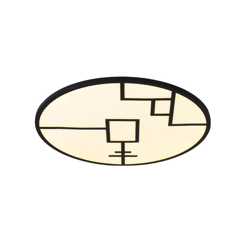 Modern Round Led Ceiling Light In Black/White With Geometric Pattern - Flush Mount Fixture For