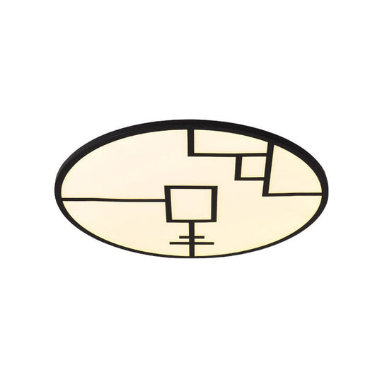 Modern Round Led Ceiling Light In Black/White With Geometric Pattern - Flush Mount Fixture For