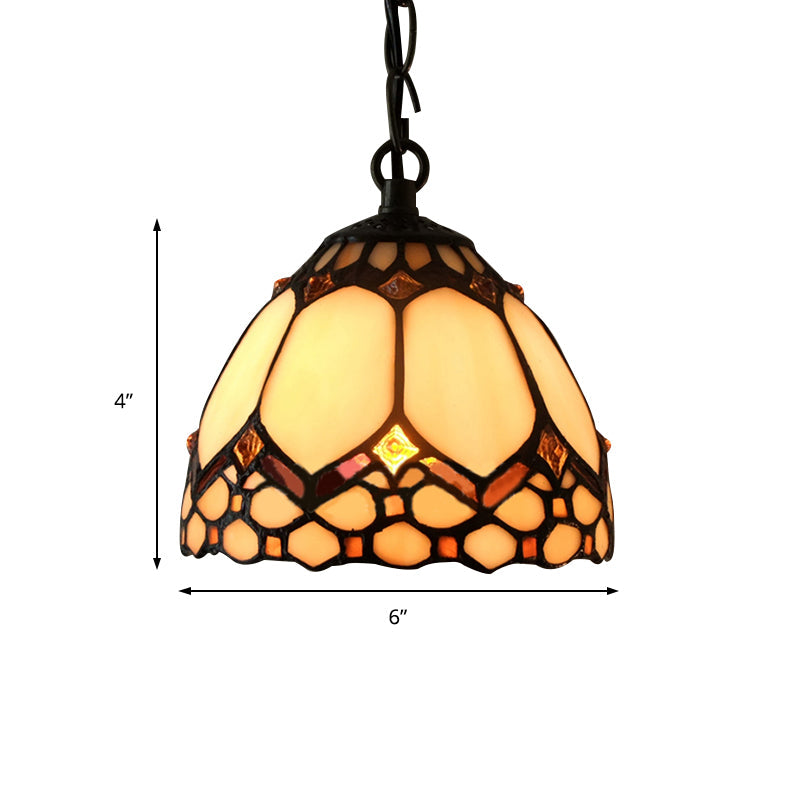 Tiffany-Style Beige Stained Glass Pendant Lamp - 1 Bulb Dome Down Lighting Suspension For Entryway