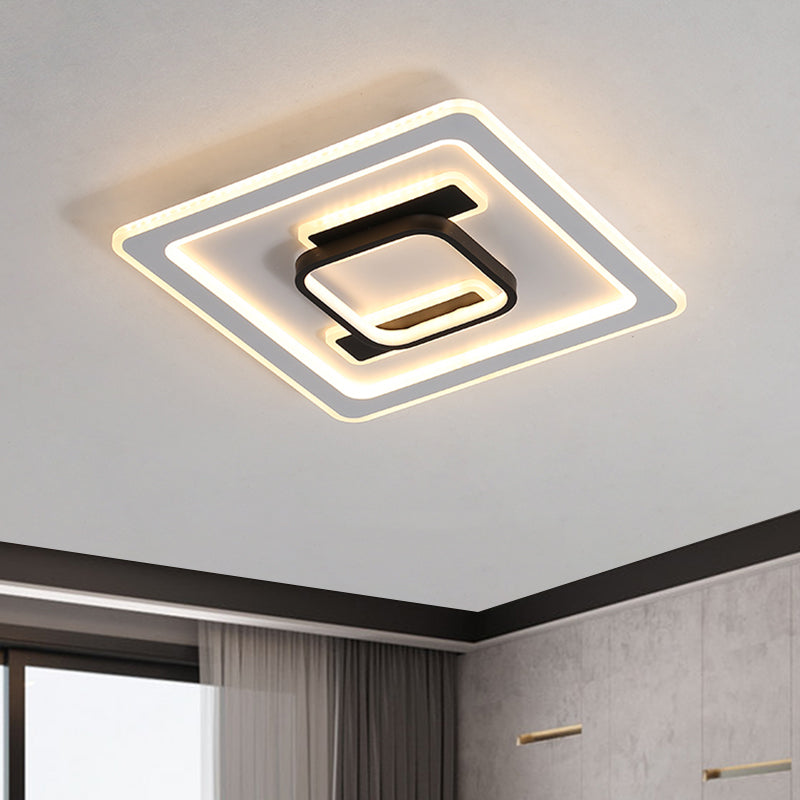 Modern Square Frame Flush Mount Lamp - Metallic Black And White Led Fixture With Warm/White