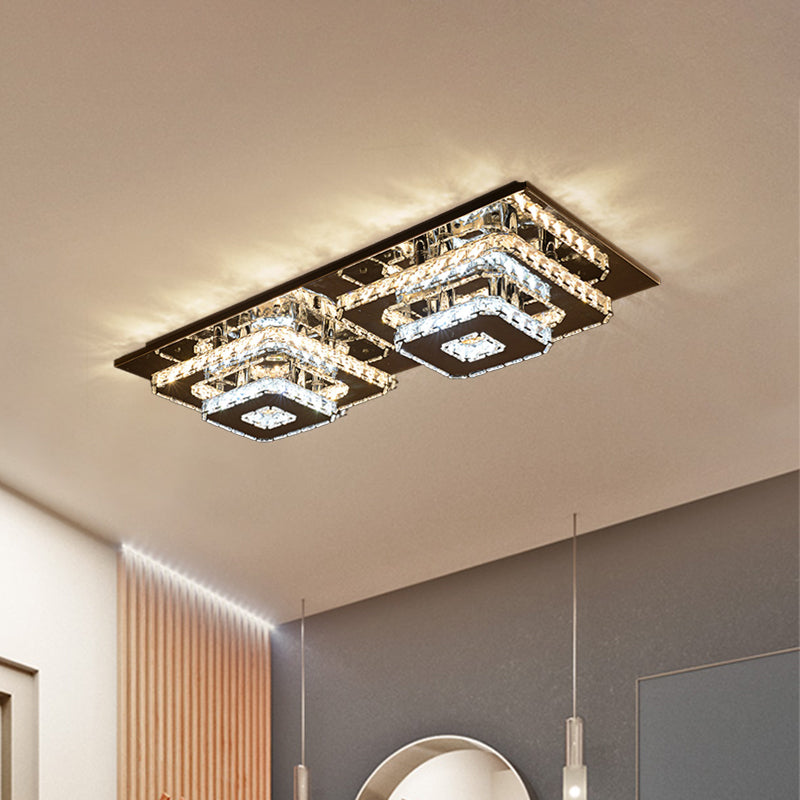 Minimalist Crystal Block Led Flush Mount Ceiling Light – Chrome Square Tiered Fixture