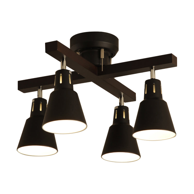 Modern Monochrome Bucket Shade Semi Flush Ceiling Light – 4 Lights Metallic Lamp For Bedroom