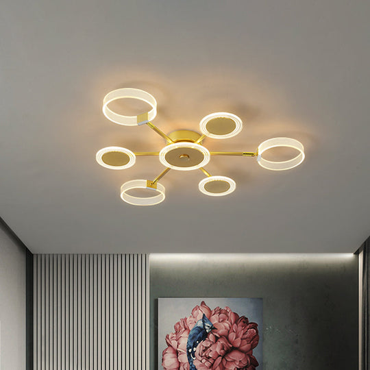 Modern Circle Semi Flush Acrylic Led Ceiling Light In Gold - 31.5’/39’ 7/9 Heads Warm/White For