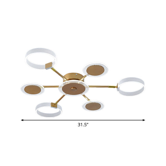 Modern Circle Semi Flush Acrylic Led Ceiling Light In Gold - 31.5’/39’ 7/9 Heads Warm/White For